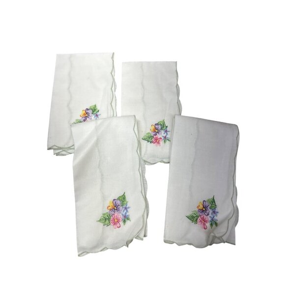 Set Of 4 Embroidered Floral Linen Napkins With Scalloped Edges 55% Ramie 45% Cot - Picture 2 of 7